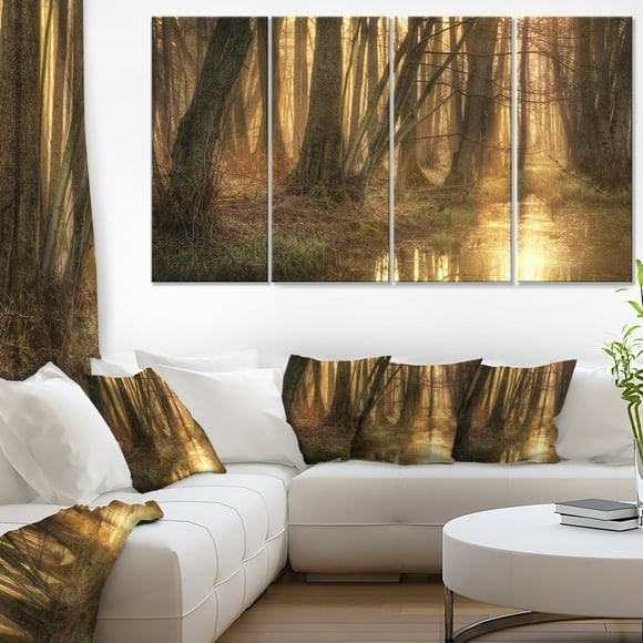 Designart PT9559-40-30 Golden Morning in Dense Forest Landscape Photo Canvas Print, Brown, 40x30"