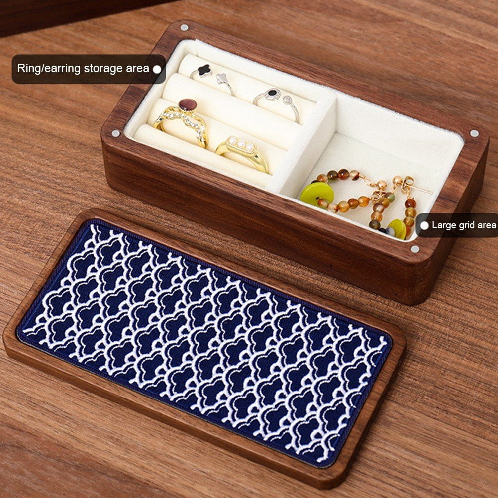 Magnetic Jewelry Box Vintage Embroidered Jewelry Box Portable Necklace Storage Box Walnut Wood Trinket Case