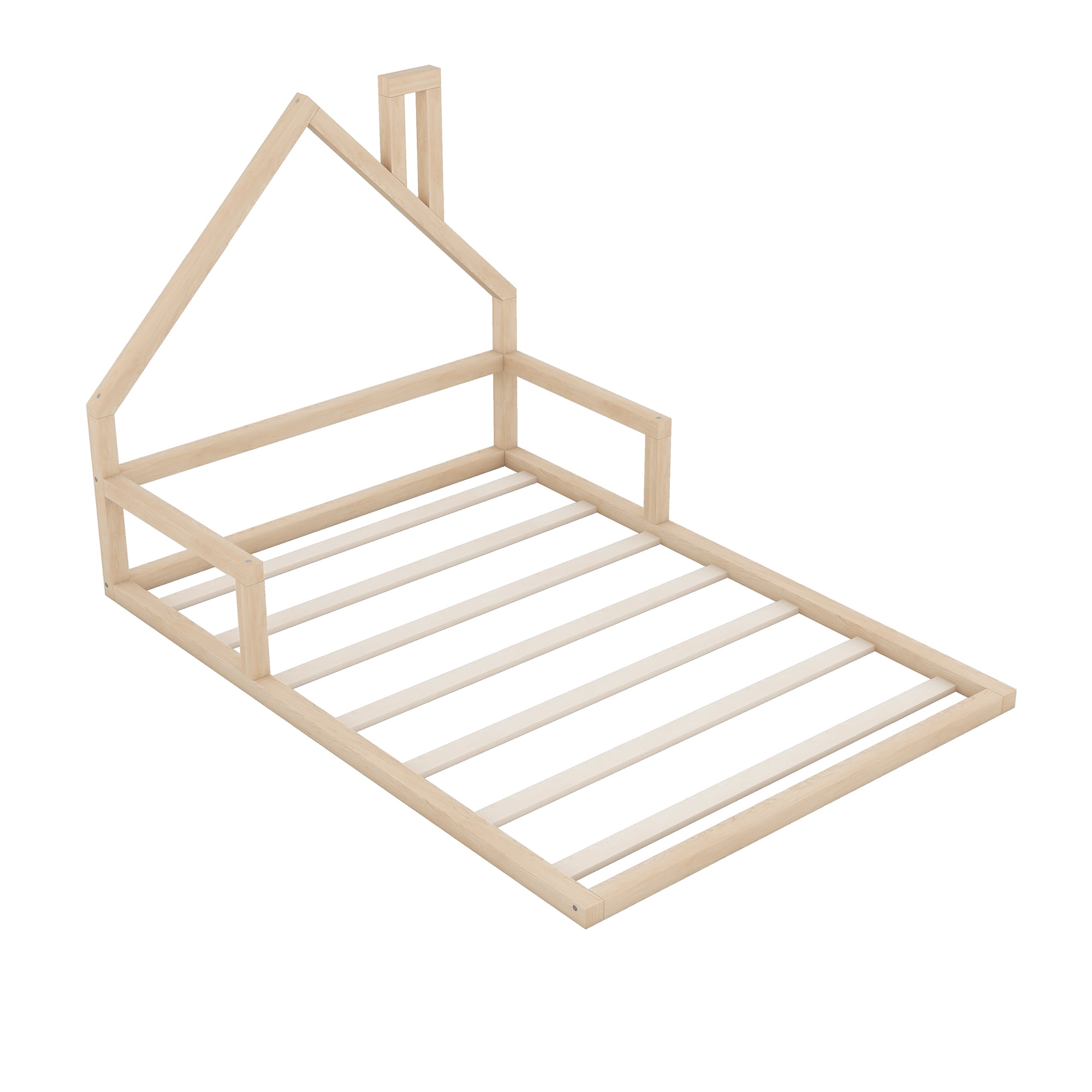 Euroco Full Size Wood Floor Bed for Kids Room, Natural