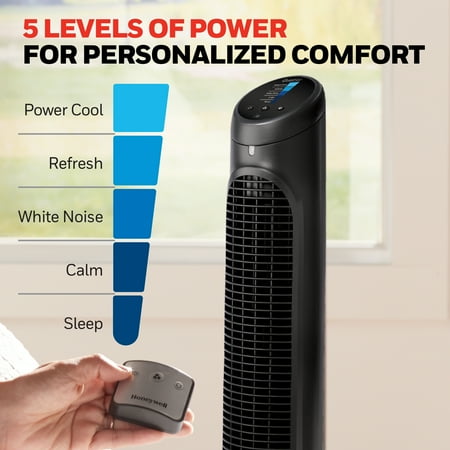Honeywell 40 Black Quiet Set Oscillating Tower Fan, 30ft Air Circulation Power, 5 Speed, Auto Off Timer, HYF260B