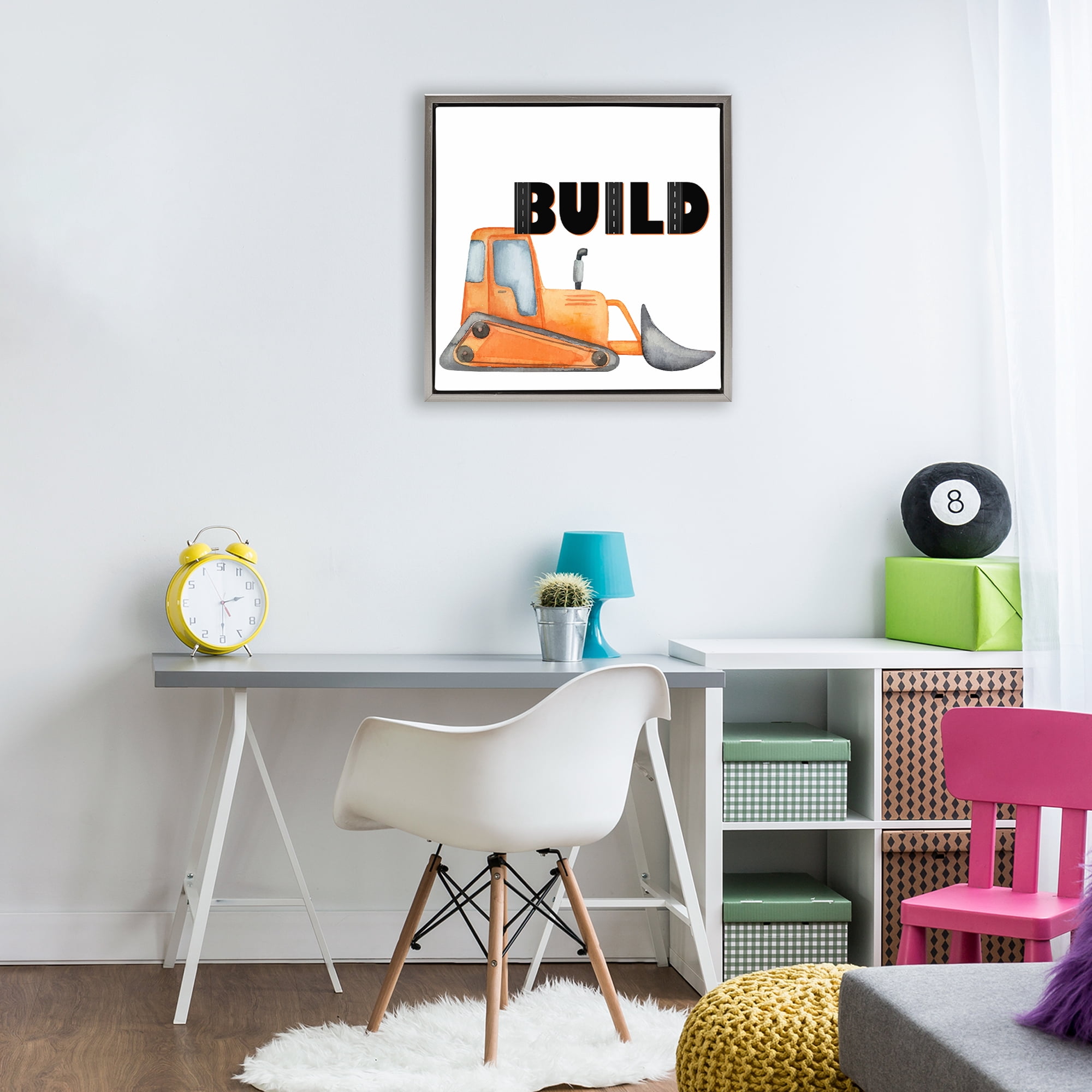 Build with Orange Bulldozer Gray Framed Floater Canvas Wall Art, design by Kim Allen