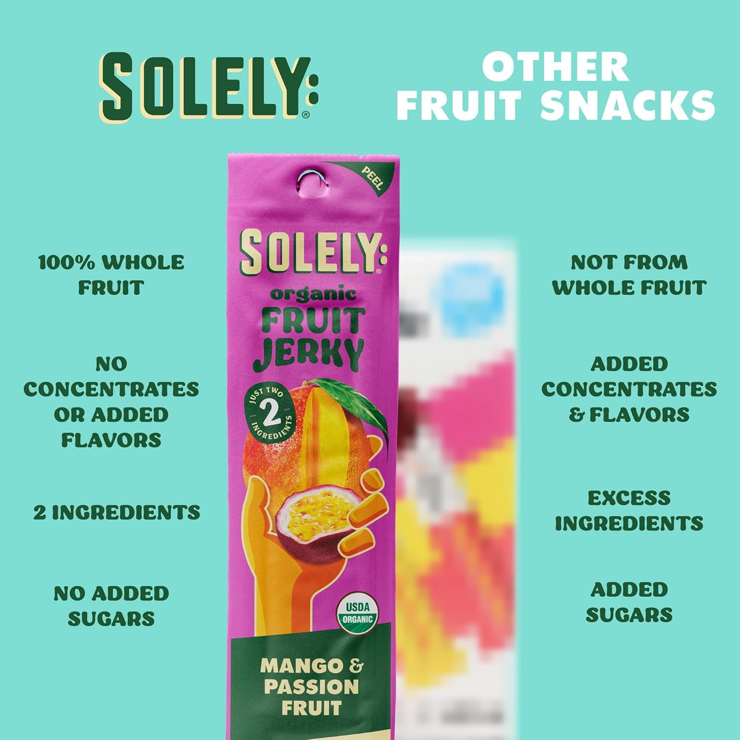 SOLELY Organic Mango Passion Fruit Jerky, 12 Individually Wrapped Strips, Made from Dried Fruit, Healthy Snacks for All, Vegan Snacks, 0.8oz (23g)