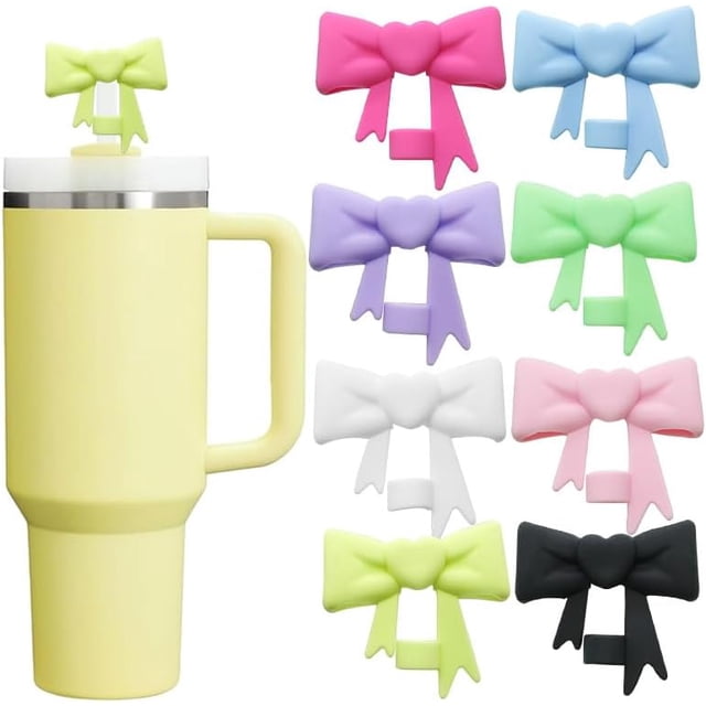 Pack de 8 Tapas para Popotes en Forma de Corazón con Moño - Cubiertas de Silicona para Tazas Stanley y Popotes Reutilizables de 10mm