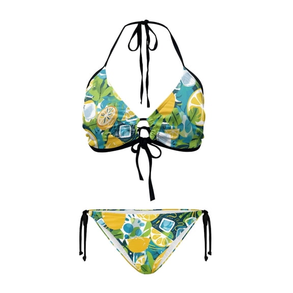 Chririnla Hand-Drawn Lemon Tropical Leaf Print Halter Bikini Set - Sexy Two-Piece Triangle Swimsuit for Beach Vacation & Pool Parties | Quick Dry, Figure Hugging