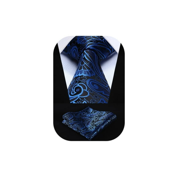 HISDERN Paisley Tie Handkerchief Woven Classic Men's Necktie & Pocket Square Set,Blue & Black,One Size