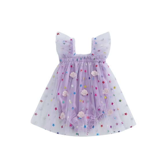 BemeyourBBs Baby Girl Star Seashell Bodysuit Glitter Fly Sleeve Tulle Romper Dress