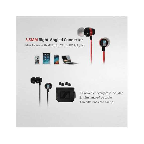 Sennheiser CX 3.00 In-Ear Canal Headphones with Enhanced Bass, 17Hz-21kHz Frequency Response, 1.2m Tangle-Free Cable, 3.5mm Angled Connector, Multiple Ear Adapters & Carry Case - Red