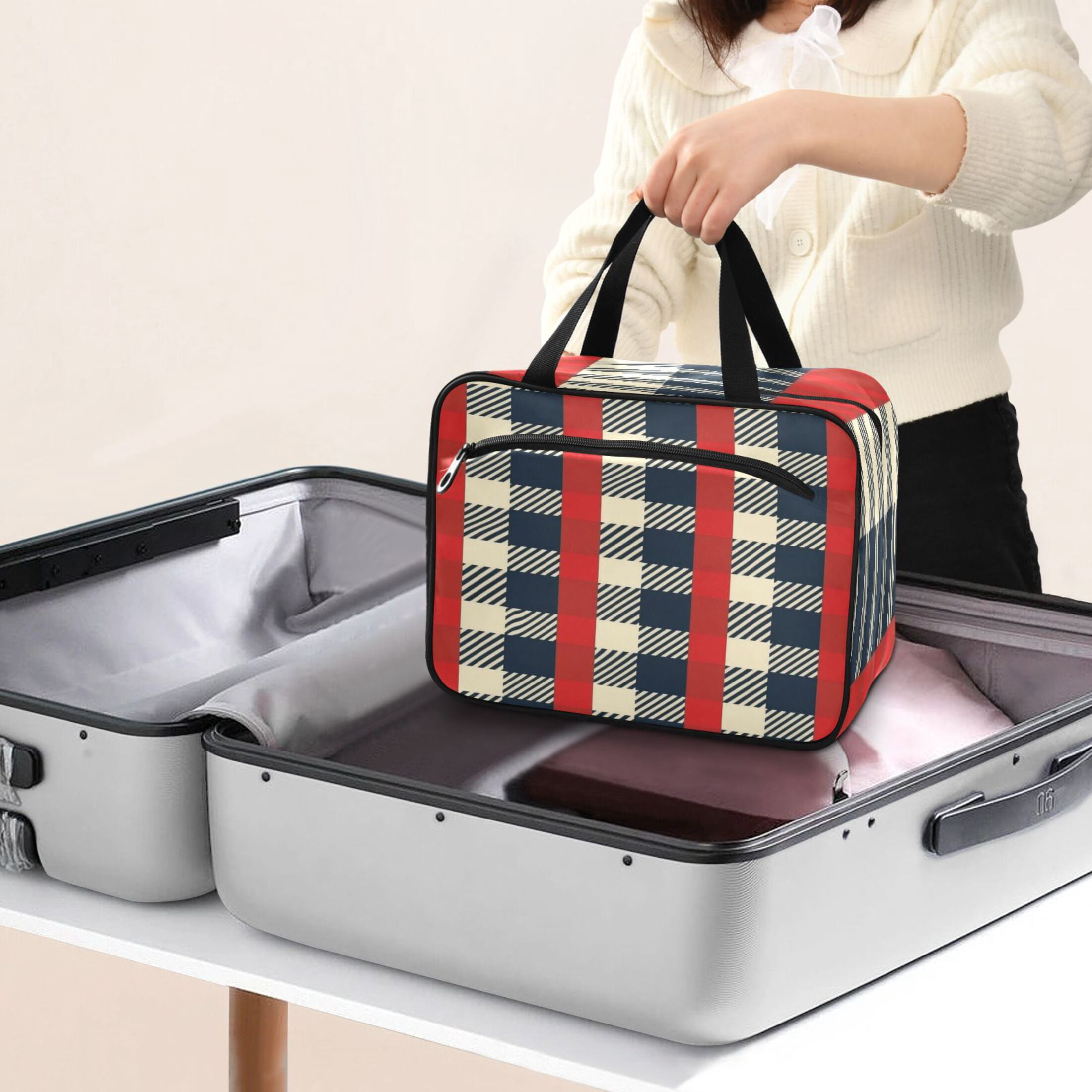 Travel Toiletry Bag with Metal Hook Large Capacity Cosmetic Bag Toiletry Bags for Travel, Gym, Camping Red Plaid Pattern
