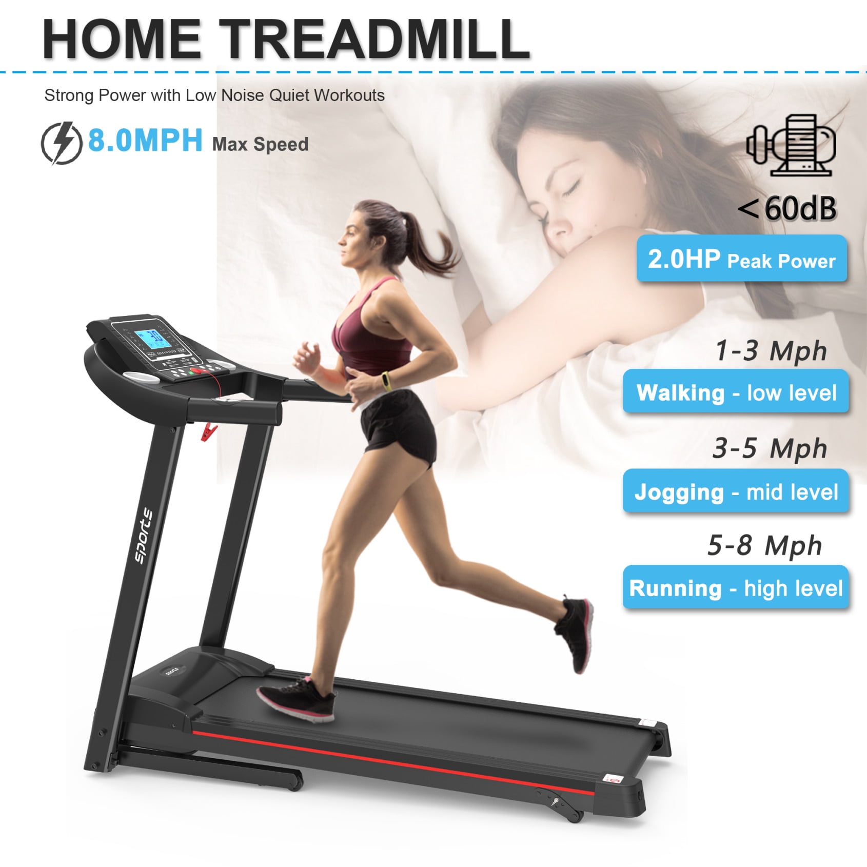 Home Foldable Treadmill with Fitshow APP Smart Control, 5" Color Screen Electric Treadmill with 3-level Incline, for Fitness, Black