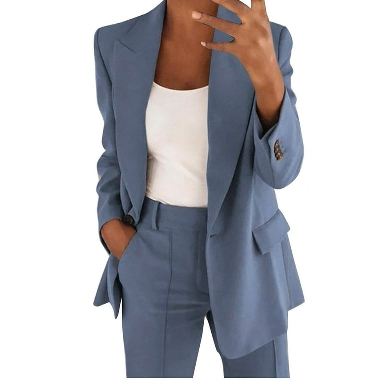 wozhidaoke women's pants women's two piece lapels suit set office business  long sleeve button formal jacket + pant suit slim loosetrouser jacket suit  blue 5xl 