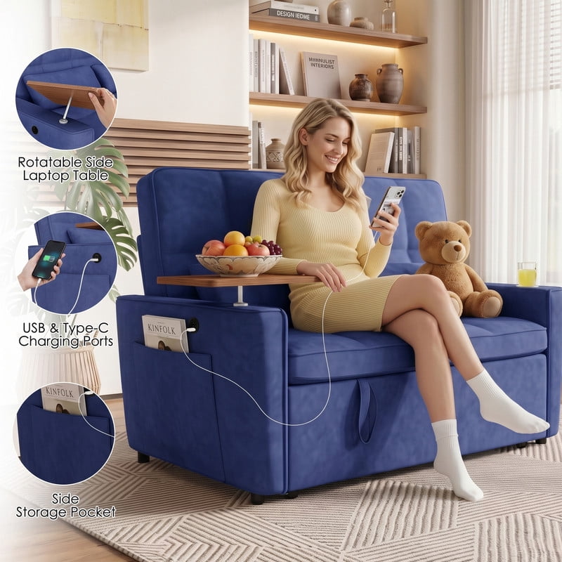 Anpport 3‑in‑1 Convertible Sleeper Sofa Bed, Pull‑Out Sofa with Side Desk, USB Ports, Cup Holders, Storage Armrests & Adjustable Backrest for Living Room Apartment, Blue