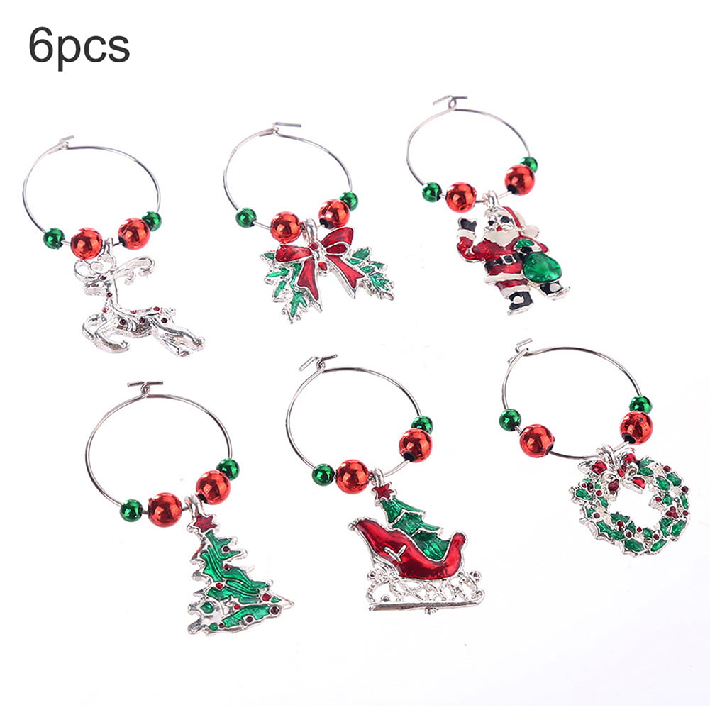Set of 6 Wine Glass Charms Sparkling Diamante Novelty Christmas Party Table Decoration Stainless Steel Coloured Baubles