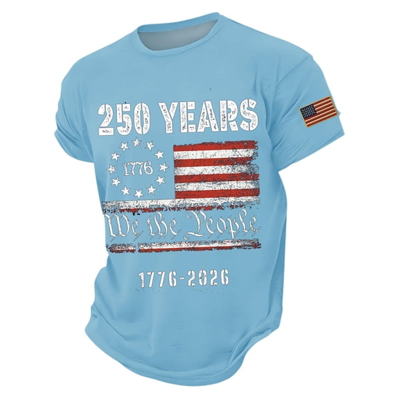 Havenx Men's 1776 We the People American Flag Shirt Crew Neck Short Sleeve Shirts Fun Graphic American Flag Design T-Shirts Cross Patriotic 250 Years Of Freedom Tee,Light Blue S