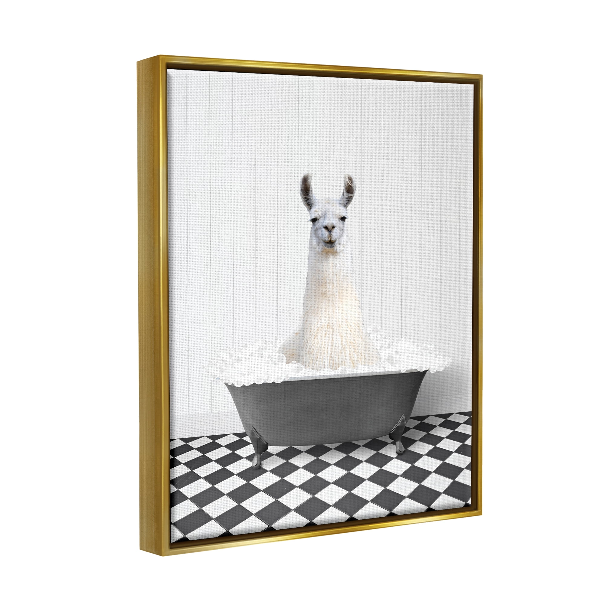 Stupell Industries Vintage Bathroom Llama Animals & Insects Painting Gold Floater Framed Art Print Wall Art, 17 x 21