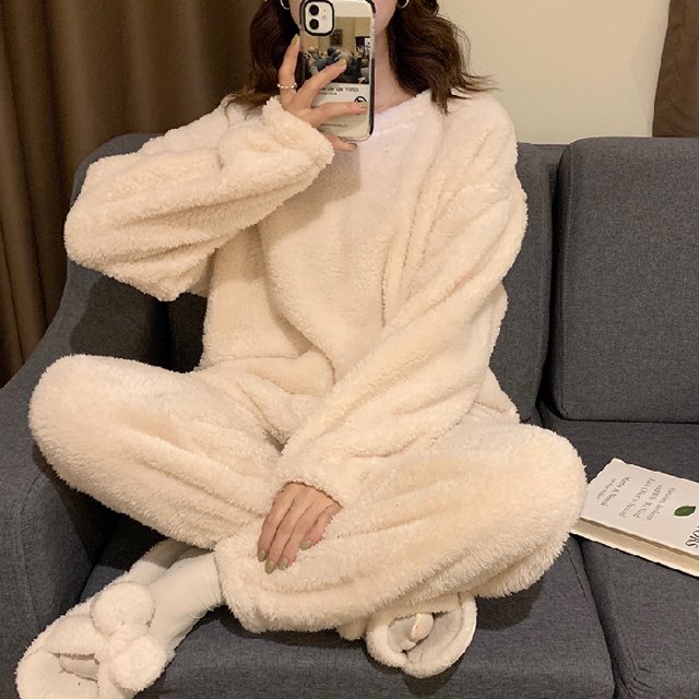 Pijama de felpa de invierno para mujer, de manga larga, de color liso, sencillo, de forro polar coral grueso, conjunto de dos piezas para el hogar