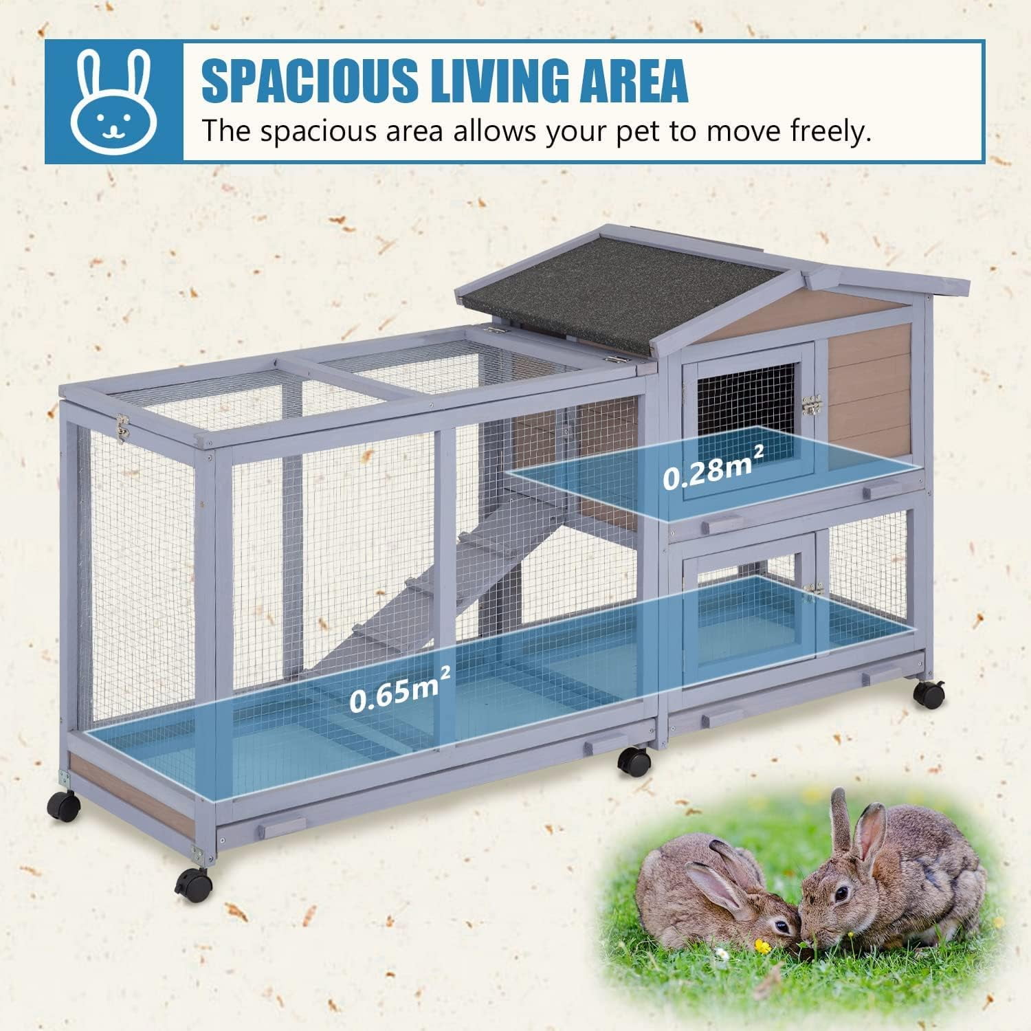 Dkelincs Rabbit House 58" Rabbit Hutch Indoor & Outdoor Wooden Bunny Cage W/Wheels, Large Guinea Pig House Rabbits Cage with Run Ramp Removable Trays for Small Animals