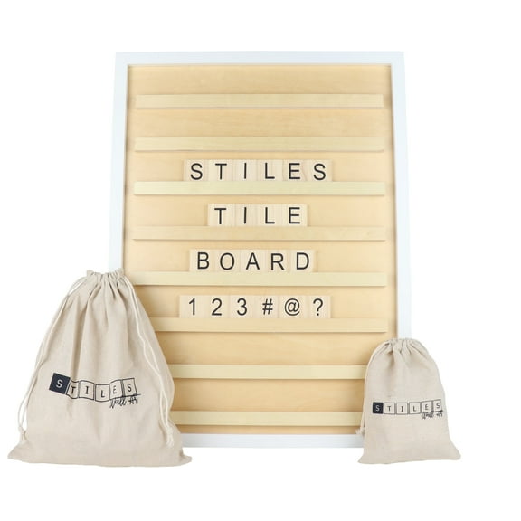 Stiles Tile Letter Board Set, Wooden Message Board with 122 Letters and Numbers for Celebrations, Baby Announcements, or Milestones, 23.6 by 17.7 Inches, Natural
