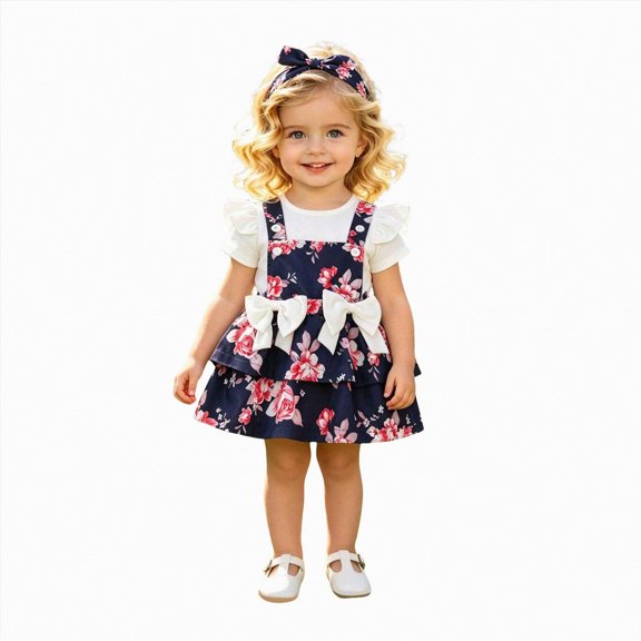 enyan Baby Girl Summer Outfit Ribbed Romper Onesie Bow Floral Embroidered Skirt Set Cute Overalls Dress Clothes(Black,12-18 Months)