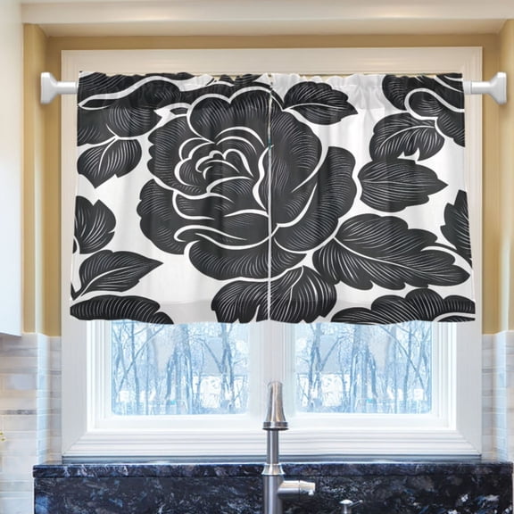 Ryvnso Roses Black Half Curtains Sets Tier 2 Panels Short Curtain Rod Pocket 27"W x 24"L