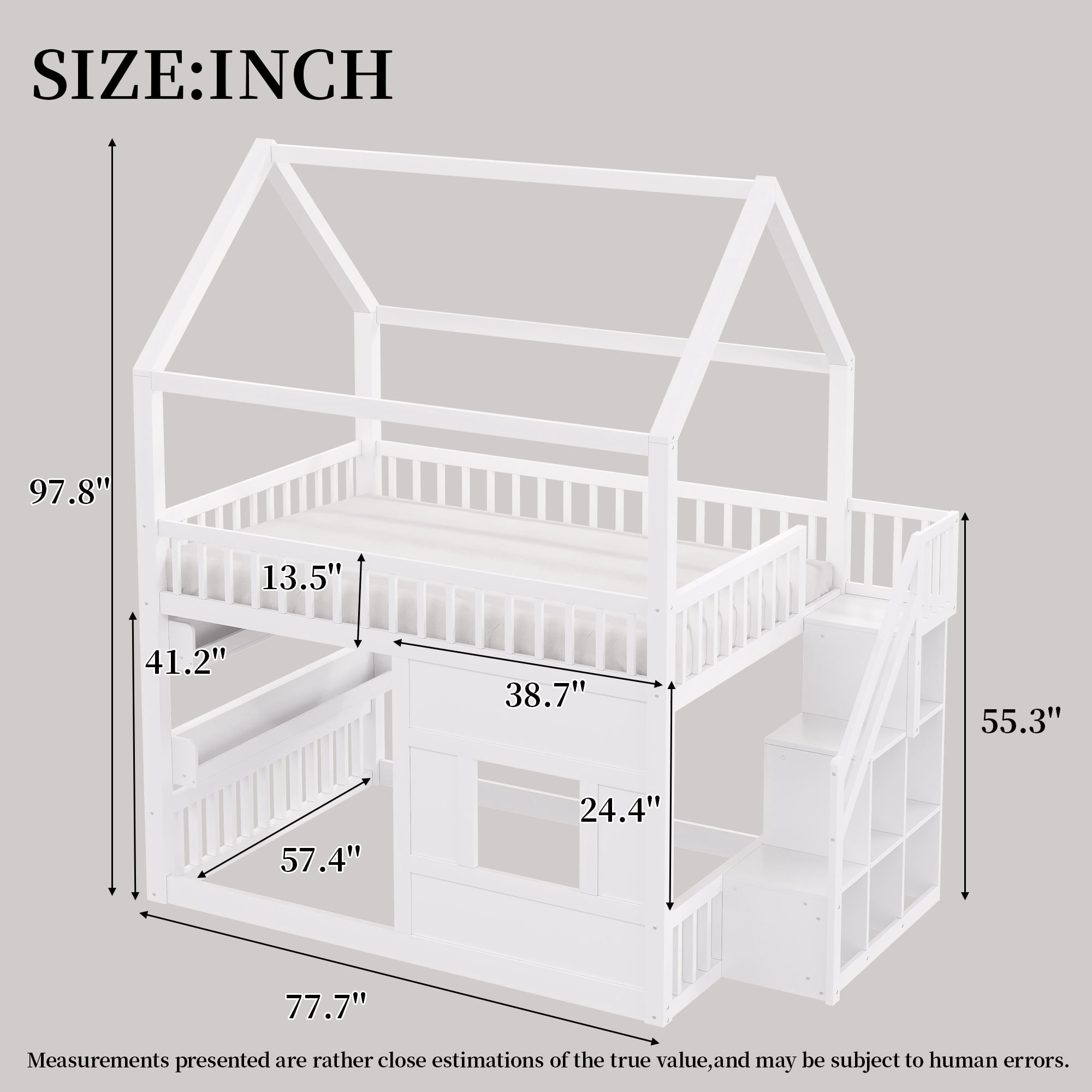 Euroco Wood Full over Full Bunk Bed with Staircase, House Bed with LED Light, White