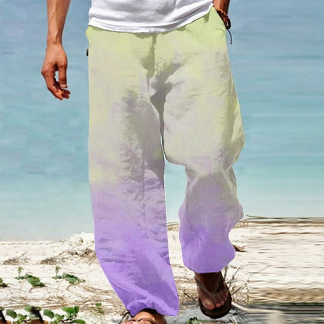 Leodye Men's Casual Fashion Gradient Printed Elastic Waistband Drawstring Loose Straight Leg Pants Yellow 12(XXL)