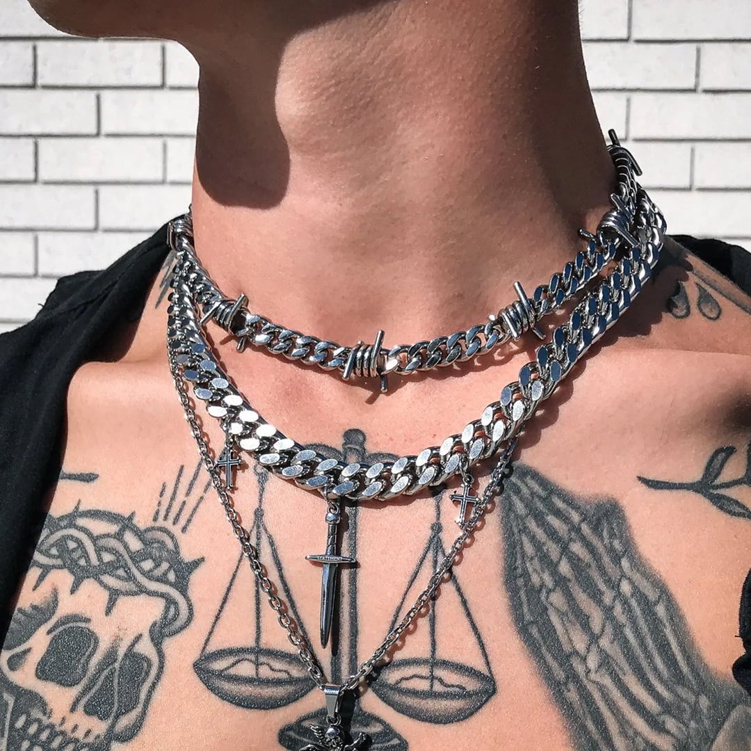 ChainsHouse Silver Barbed Wire Necklaces for Men Women Punk Thorns Chain Necklace 9mm Width Chunky Chains Jewelry Gift, 20 inch