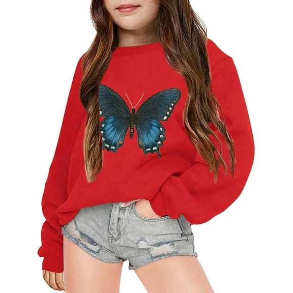 JIAYUE Girls Hoodies Sweatshirts Butterfly Print Long Sleeve Pullover Loose Fit For Kids 3 14 Years Old Spring Fall Casual Wear