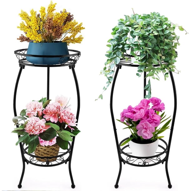 Paquete de 2 soportes de plantas de Metal de 2 niveles for interiores y exteriores, estante alto for macetas de hierro forjado for múltiples plantas, soporte esquinero for plantas