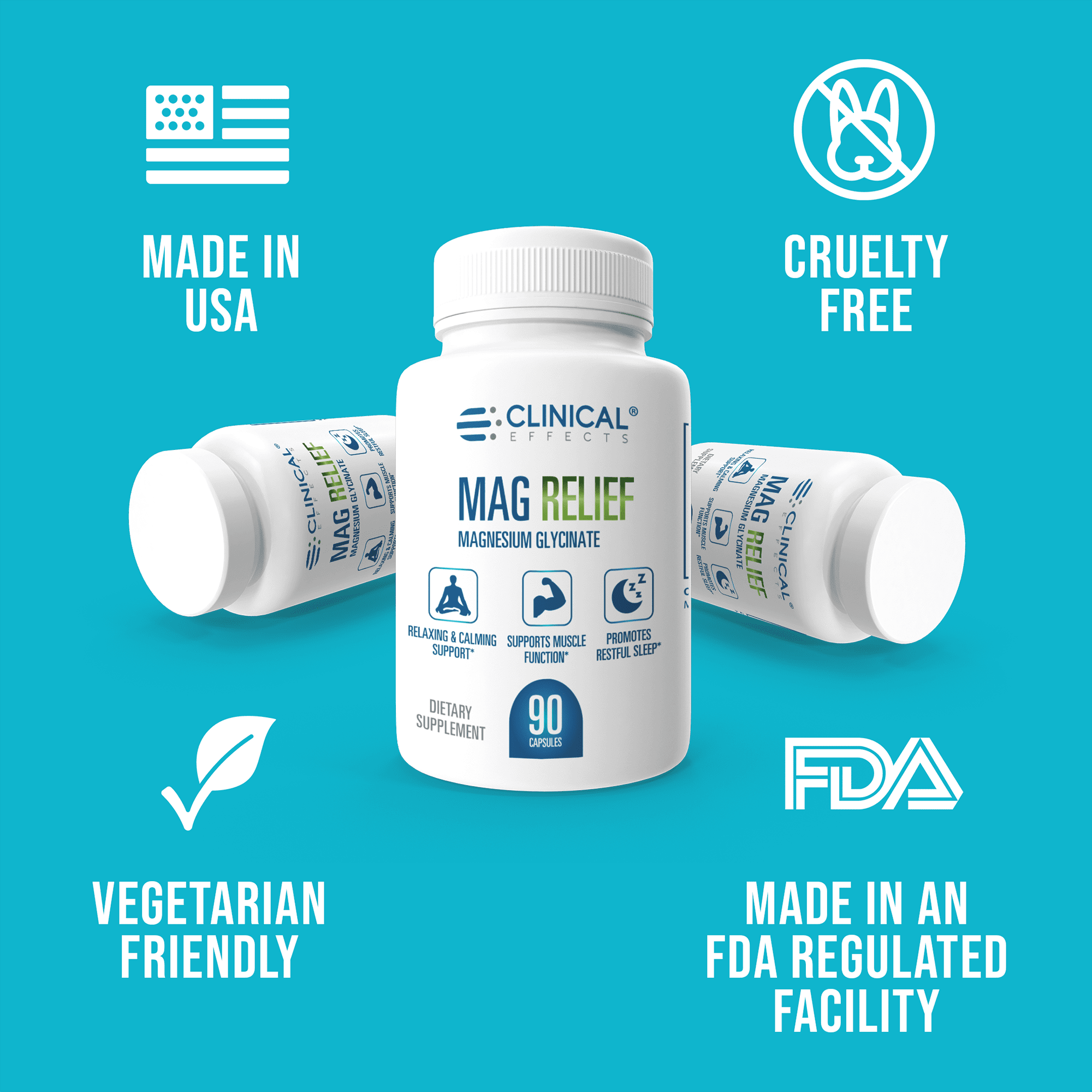 Clinical Effects Mag Relief Magnesium Supplement - 275mg Magnesium Glycinate Capsules - 90 Magnesium Capsules - Highly Absorbable Magnesium for Health Support - USA Made
