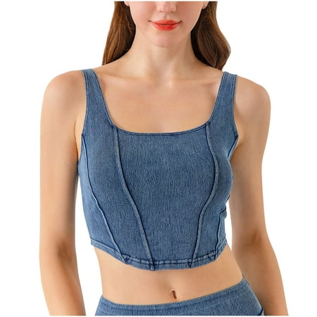 Women s Scoop Neck Sleeveless Denim Crop Tank Top  Stretchy Sexy Pullover Jean Sports Bra T-shirts