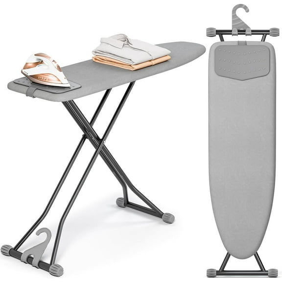 Ironing Board, Compact Iron Board with Silicon Mat, Foldable Ironing Board with Heat Resistant Cover, 7 Height Adjustable, Space Saver Iron Board,13x43 Solid Grey
