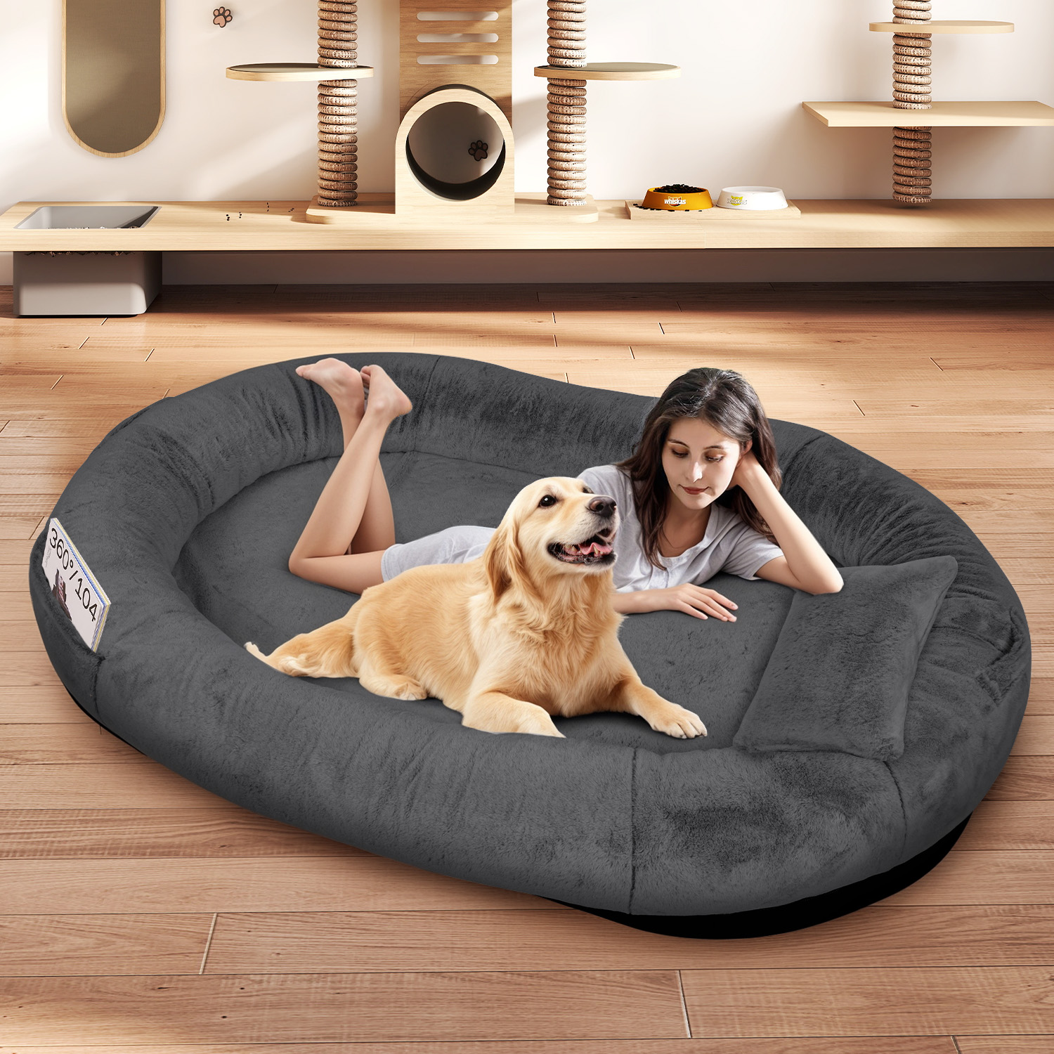 Human Dog Bed for Pets and Adults, 71"x45"x14" Human Size Giant Dog Pets Bed, Washable Faux Fur Cover for Humans with Blanket and Pillow,Dark Grey