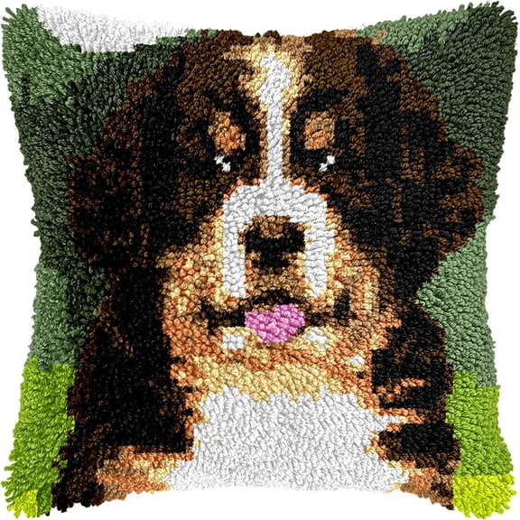 123 Bernese Mountain Dog Latch Hook Kits Pillow DIY Crochet Yarn Printed Pillowcase Cross Stitch Hook and Latch Kit Cushion Cover Christmas Home Sofa Decoration 43x43cm