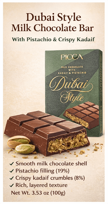 Picca Dubai Style Milk Chocolate with Kadaif & Pistachio 3.53oz 100g (2 Bars)