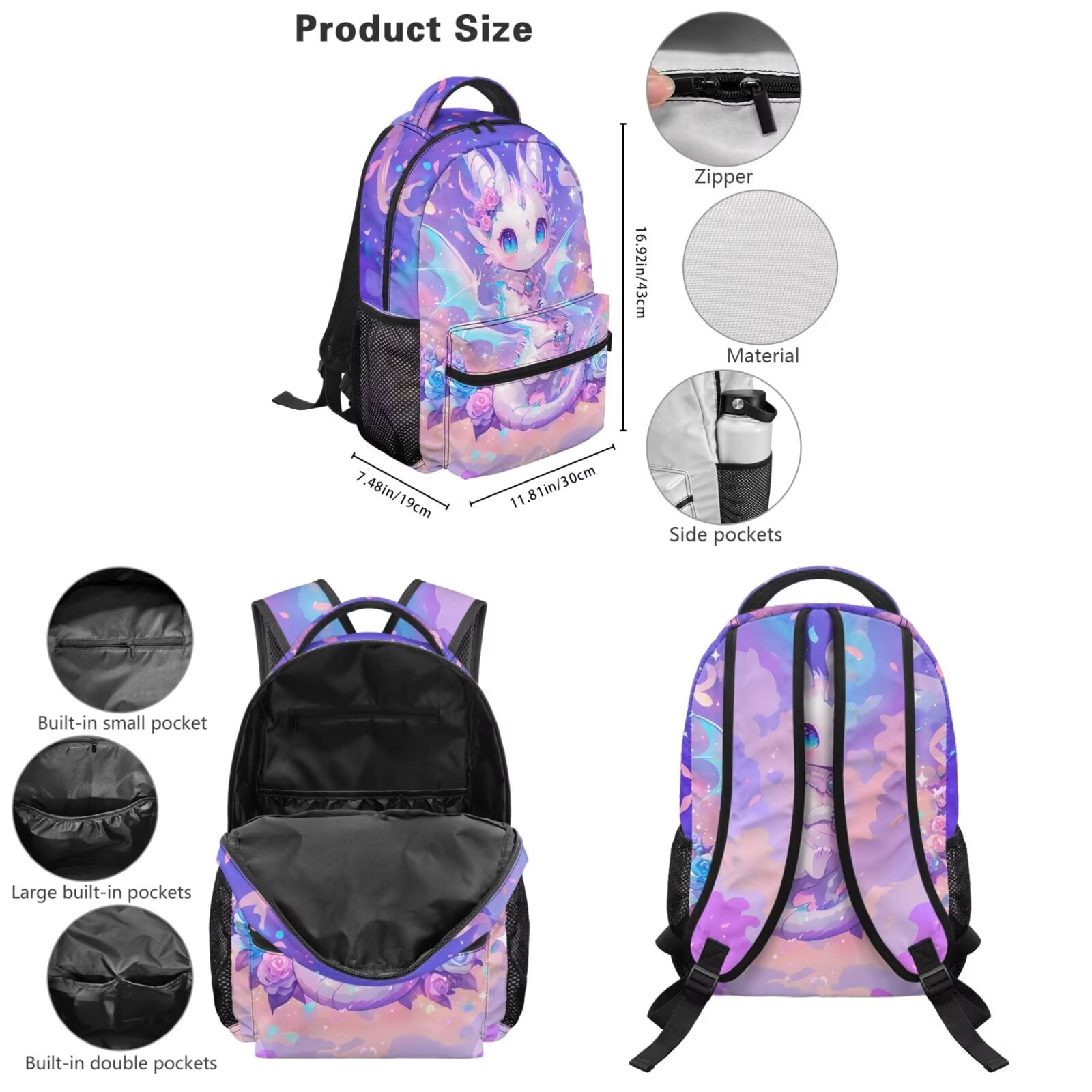 Pzuqiu Rose Dragon Backpack for Girls 5 Piece School Bookbag with Lunch Bag Lightweight School Bag for Girls 10-12 Elementary Backpack with Water Bottle Bag Pencil Box