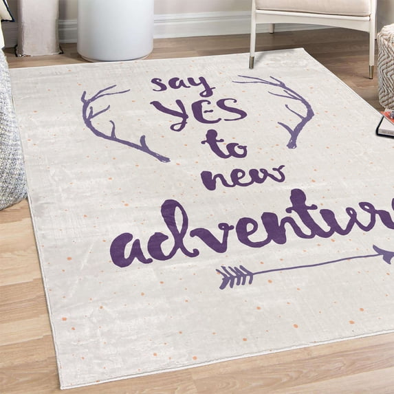 Adventure Decorative Rug, Calligraphic Words Antlers and Arrow on Grunge Dotted Backdrop, Quality Carpet for Bedroom Dorm and Living Room, 6 Sizes, Dark Purple, by Ambesonne