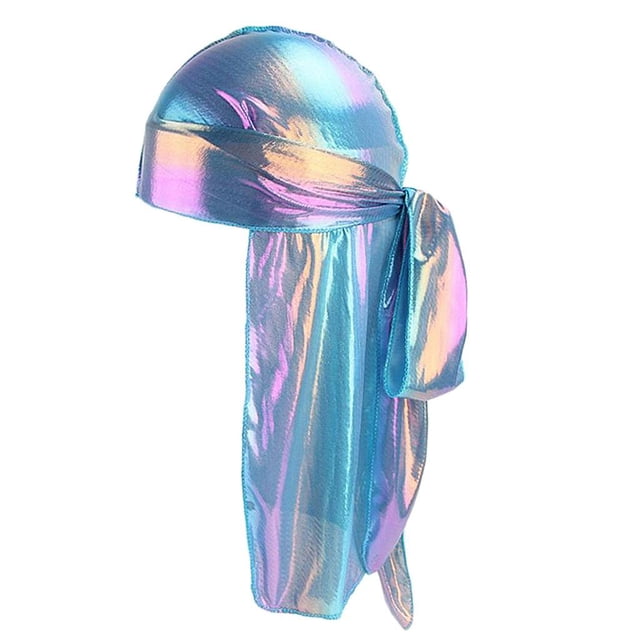 Rainbow Satin Breathable Rag Cancer Chemo Headwrap Long Tail Caps Blue