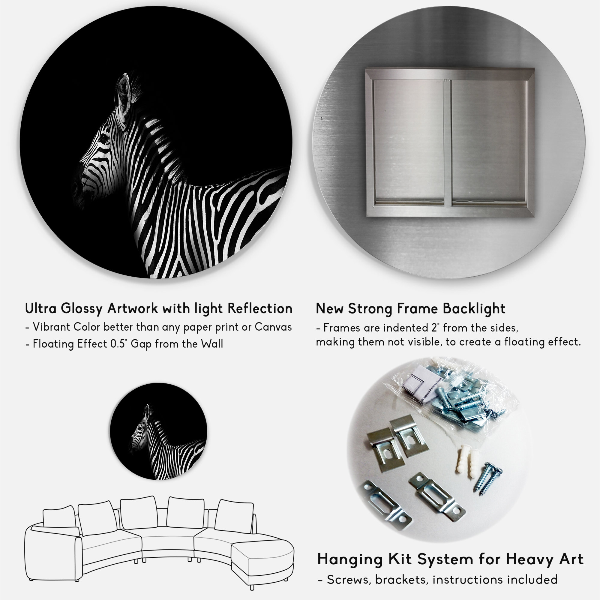 Designart 'Sideview Of Zebra In White and Black' Farmhouse Circle Metal Wall Art 36x36 - Disc of 36