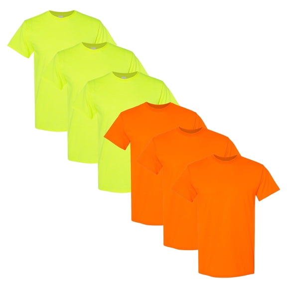 Gildan Hi Vis Safety T-Shirt, Men High Visibility Short Sleeve Green and Orange Workwear Tee, L, 6 Pack
