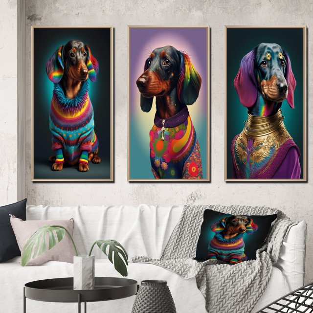Designart "Dachshund in Rainbow Designer Sweater IV" Animals Dog Daschund Framed Wall Art Set Of 3 - Multicolor Dog Daschund Frame Gallery Wall Set For Home Decor