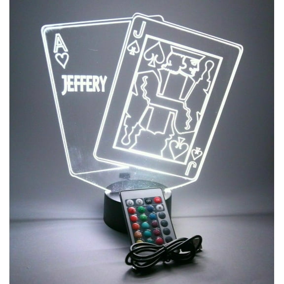 Ace and Jack Blackjack Playing Cards Night Light Up Lamp LED Personalized Black Jack Twenty One Desk Table Lamp, Our Newest Feature - It's WOW, With Remote, 16 Colors, Free Engraved, Great Gift