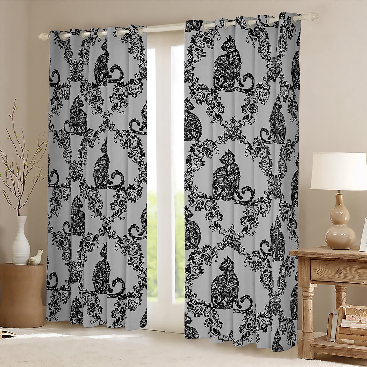 jejeloiu Damask Print Curtains Pack of 2 (42x84 Each),Gothic Flower Curtains Blackout,Black Gray Cat Bedroom Curtains,Breathable Bedroom Decorative