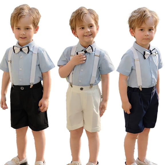 ‌LYMAYTER ‌Toddler Baby Formal Suit Set for 1-11Y Shirt Shorts Bow Tie Suspenders Boys Outfit