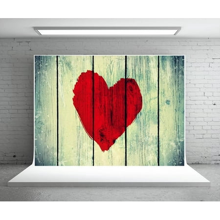 HelloDecor 7x5ft Vinatge Wood Backdrop Red Heart Studio Photography Background Valentine's Day Photo Booth Props