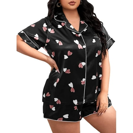 

ZWJHBFGRAASD Women s Plus Size Heart Print Piping Lapel Trim Satin Short Sleeve Pajama Set