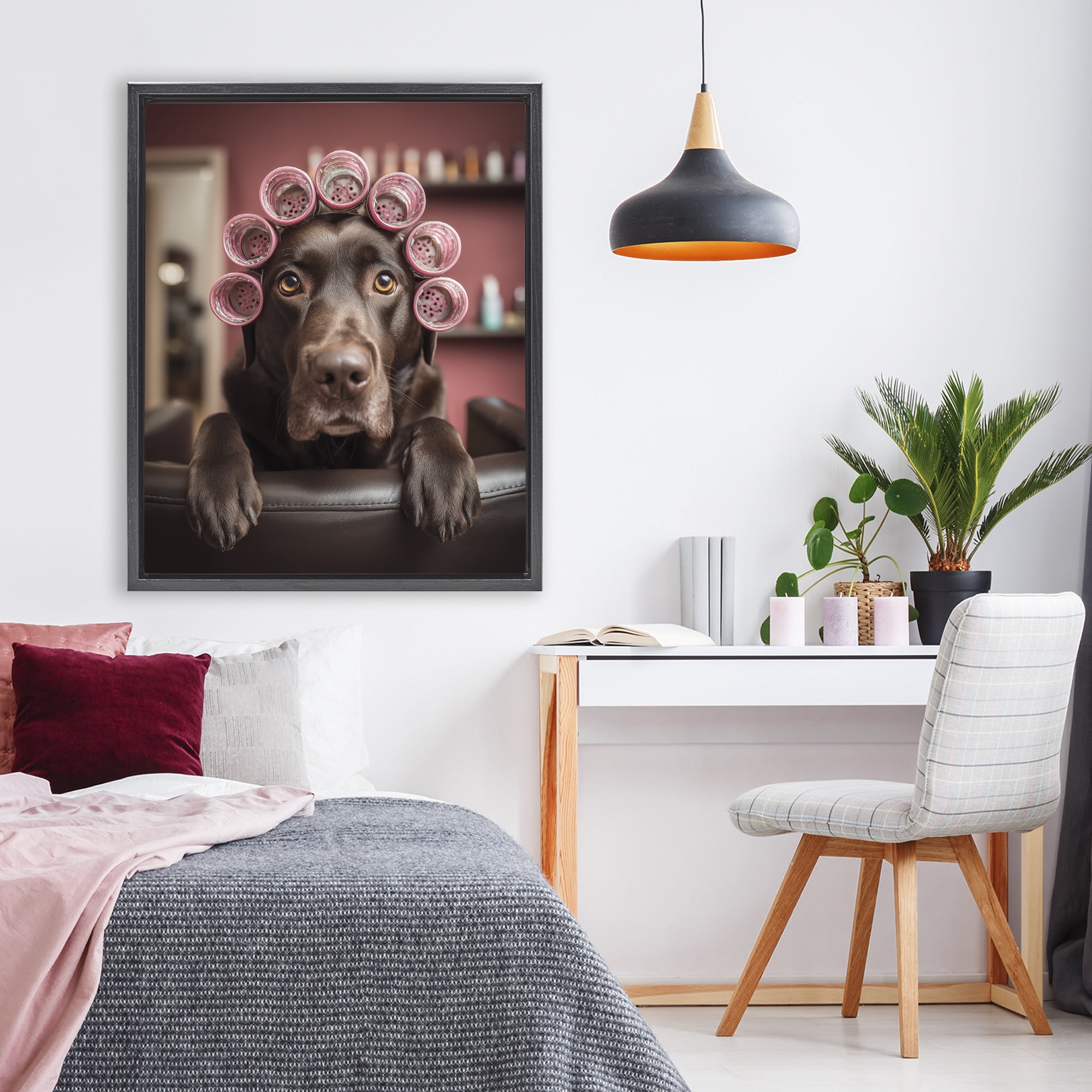 Stupell Industries Dog at Salon with Curlers Black Framed Floater Canvas Wall Art, design by Scott Stulberg
