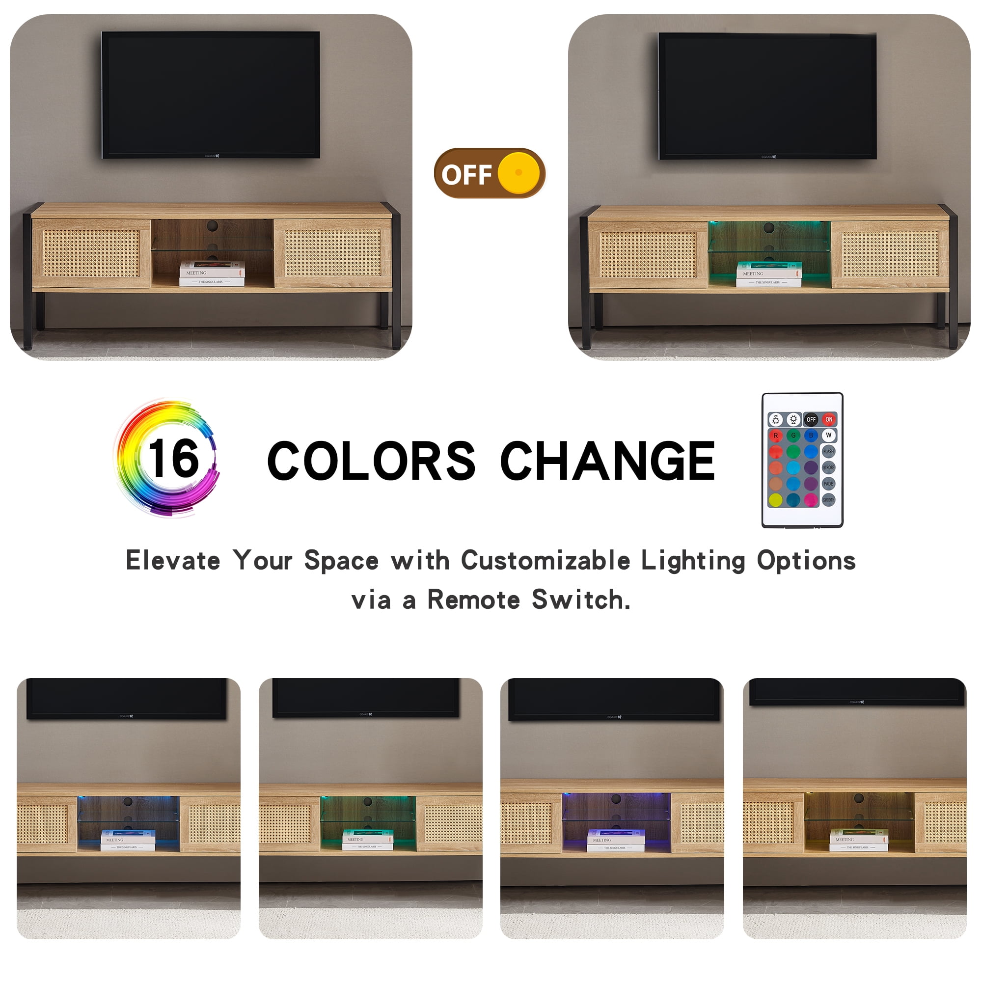 MAYEERTY 54.33" Rattan TV Cabinet with Adjustable Shelf, Variable Color Light Strip, and Metal Legs, Natural