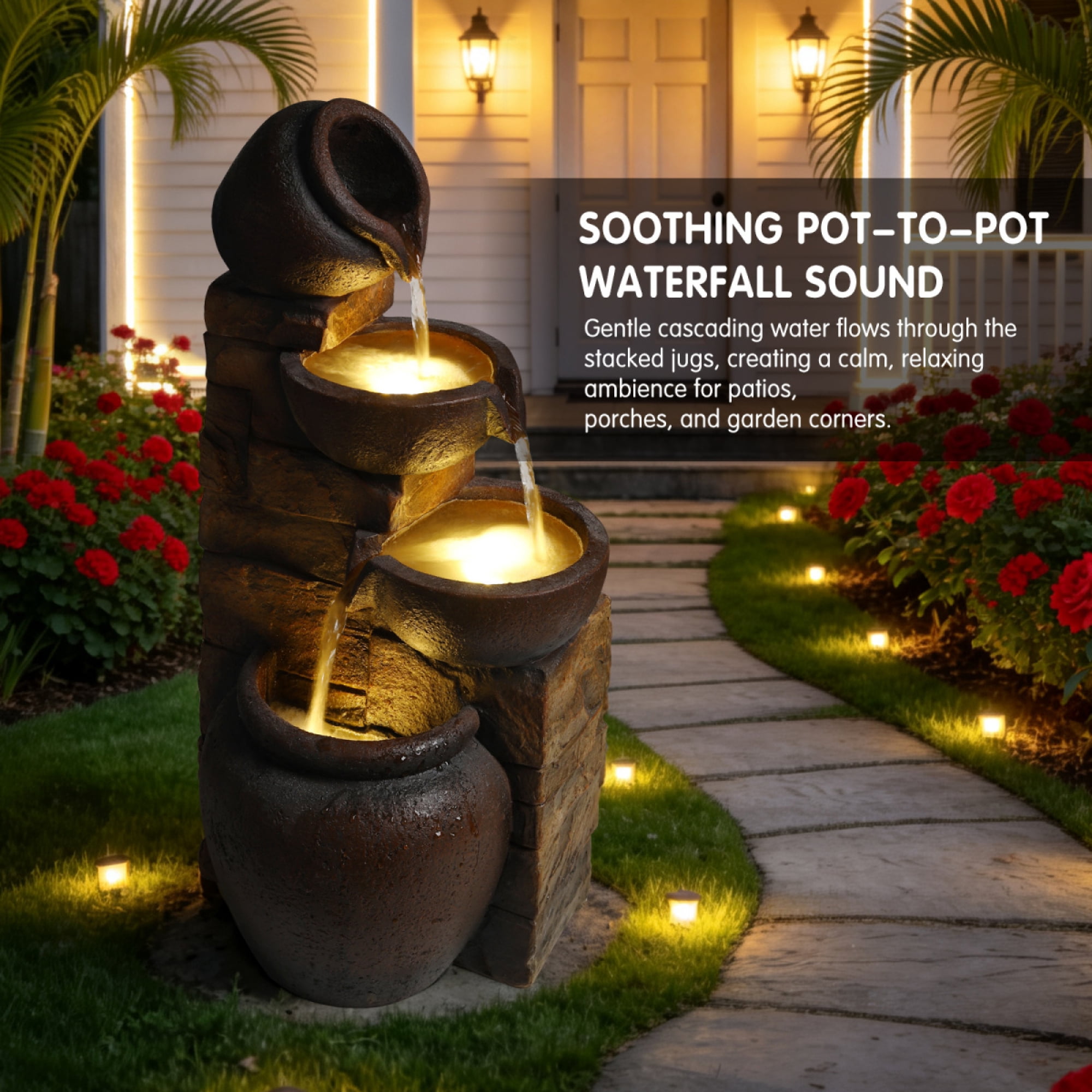 26" Outdoor Water Fountain with LED Lights, 4-Tier Cascading Pottery Jar Waterfall on Faux Stone Wall, Rustic Resin Garden Decor for Patio, Yard and Porch
