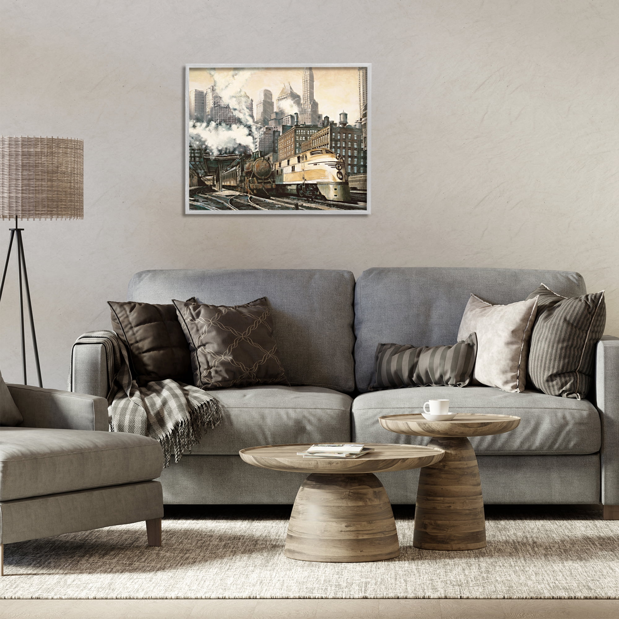 Stupell Industries Urban Steam Train Scenery Painting Gray Framed Art Print Wall Art, 30 x 24