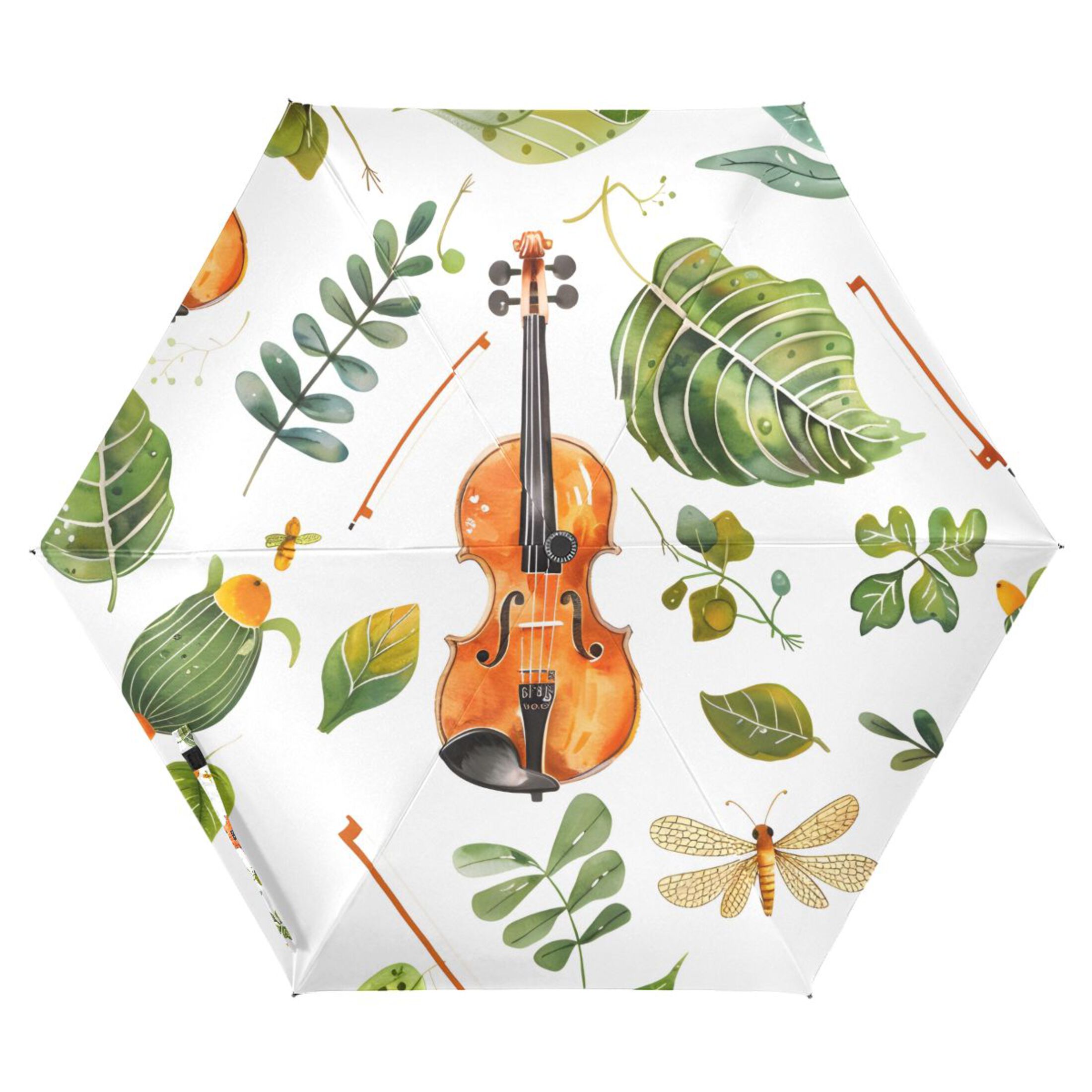 Violins and Leaves Watercolor All Weather Umbrella Triple Folding Parasol 6 Ribs UV Protection Portable